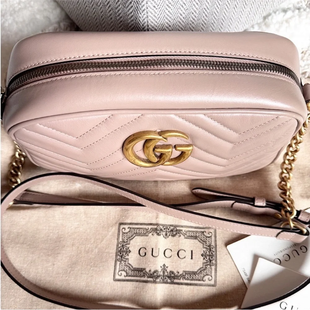 GUCCI MATELASSE LEATHER MARMONT GG CAMERA ZIP CROSSBODY BAG BEIGE PINK - Picture 6 of 16